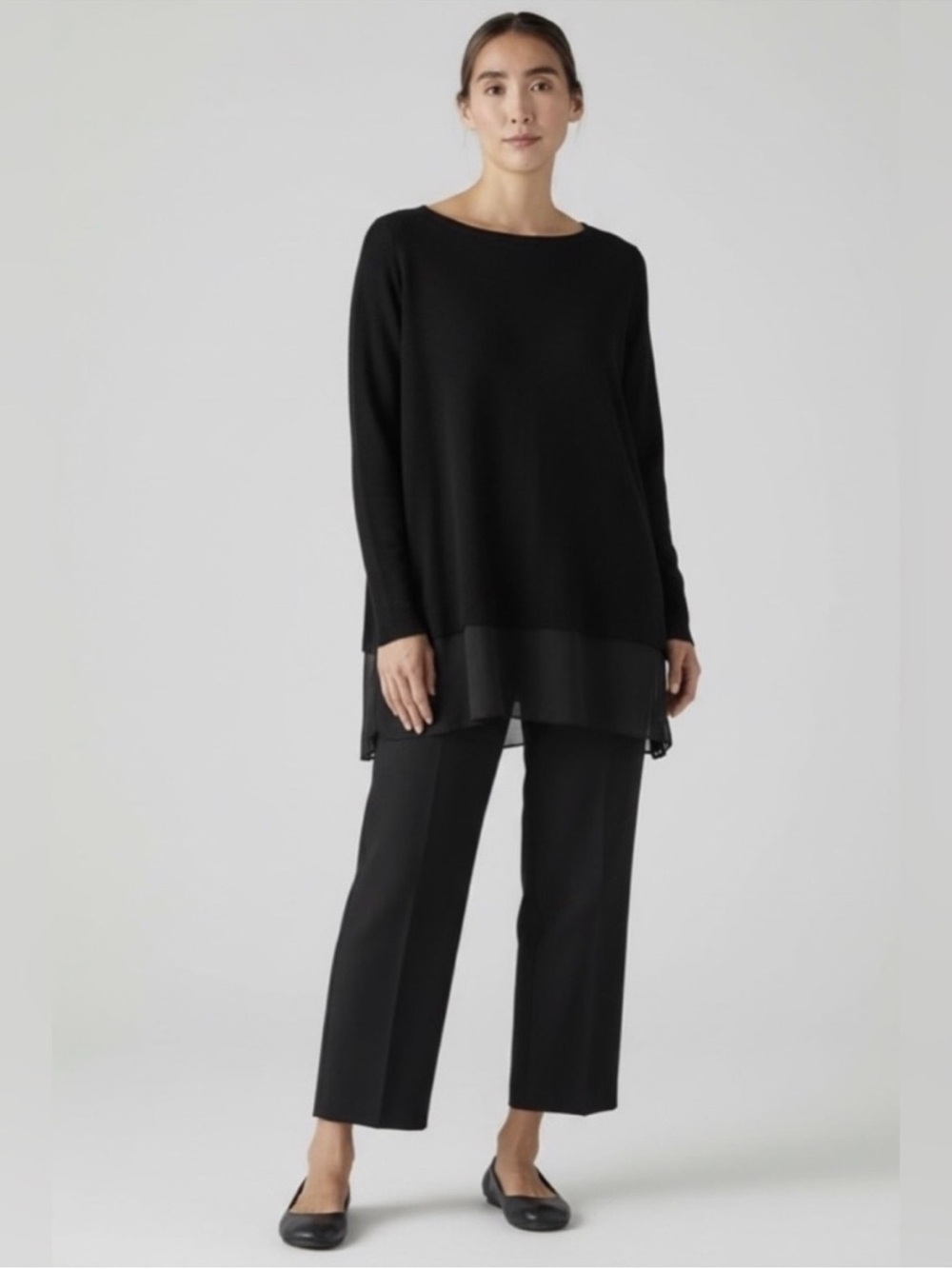 Eileen Fisher Silk Tunic Top Blouse Relaxed XS Black Long Sleeve Layered Hem